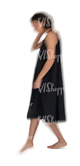 cut out motion blur image of a woman in a black dress walking down the stairs
