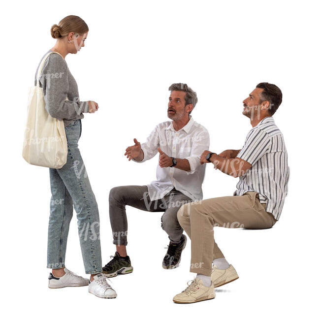 cut out woman standing and talking to two men sitting