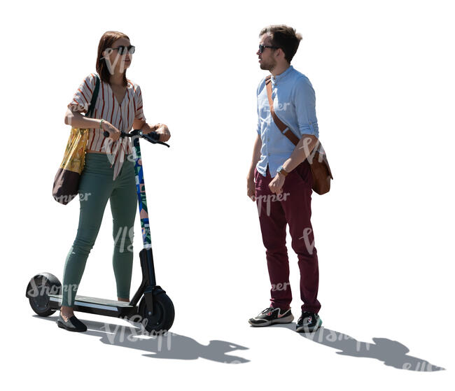 cut out backlit woman on an electric scooter talking to a man