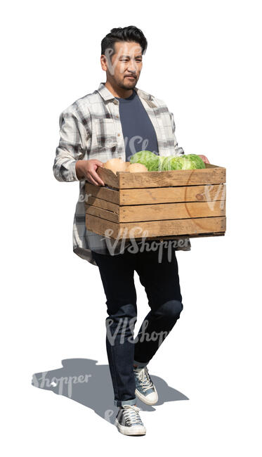 asian man carrying a box full of vegetables