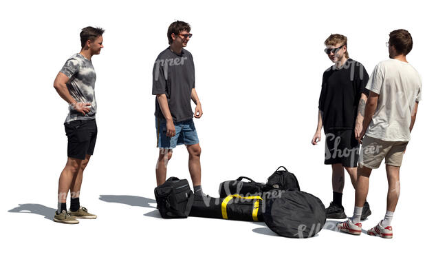 four young men with many bags standing