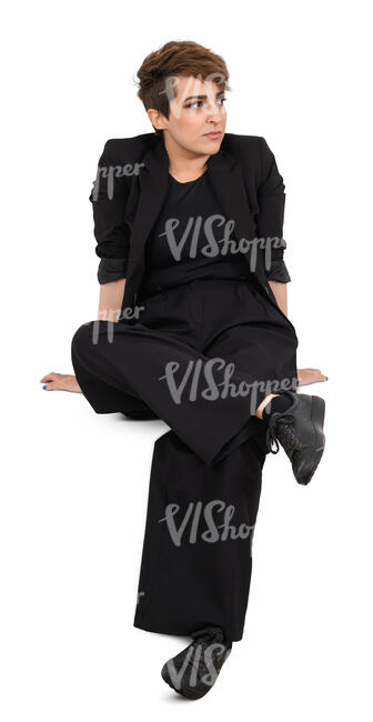 cut out woman wearing a black suit sitting