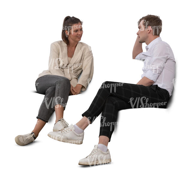 cut out man and woman sitting on a sofa and talking