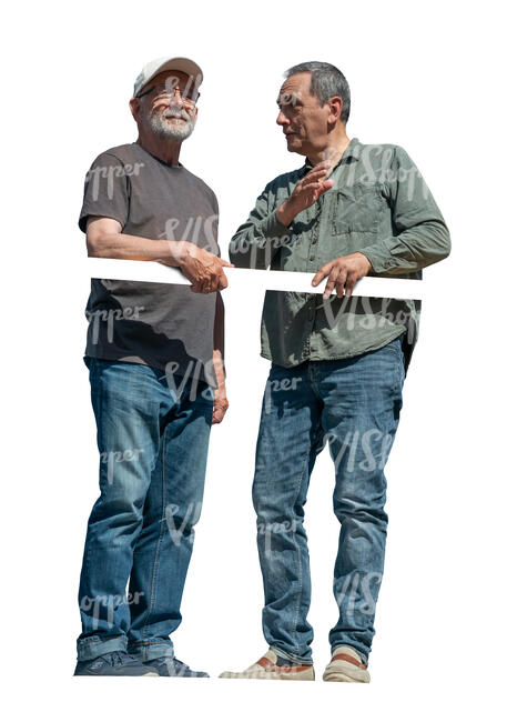two men standing up on a balcony
