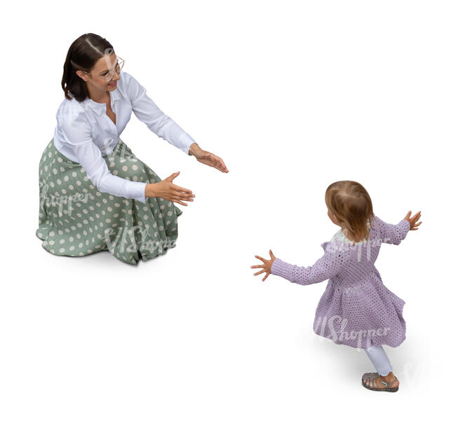 top view of a daughter running to her mother