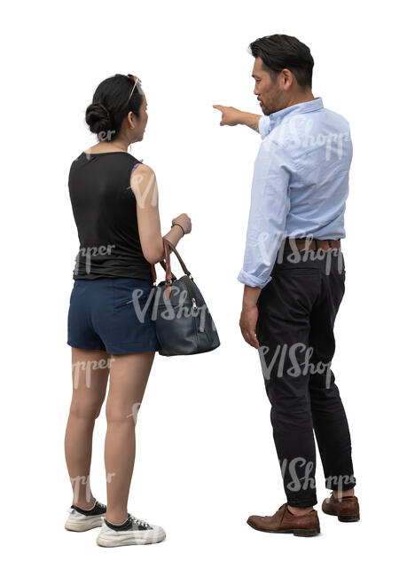 asian man and woman standing and looking at touchscreen