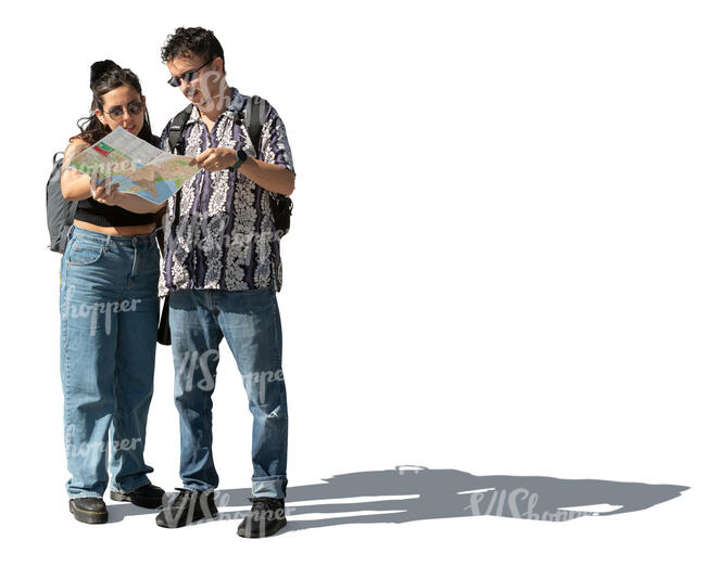 two people standing and looking at a map