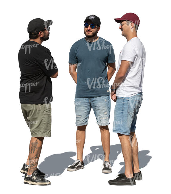 cut out three guys with baseball hats standing and talking