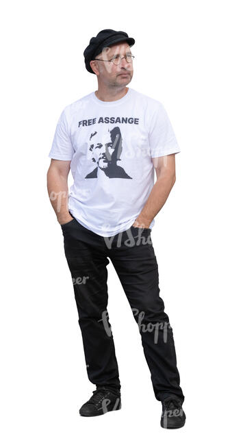 cut out man with free assange tshirt standing