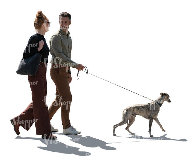 cut out backlit man and woman walking a dog