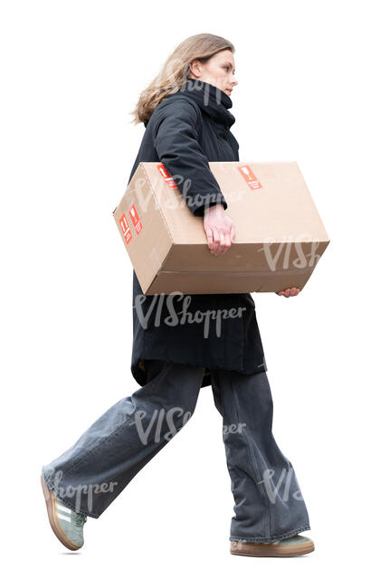 woman walking and carrying a large carton box