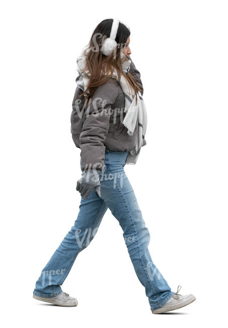 cut out woman with fluffy ear muffs walking