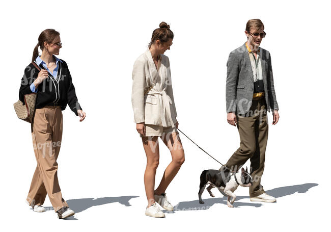 cut out group of people and a dog walking