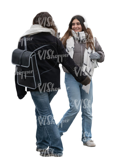 two cut out women in winter greeting on the street