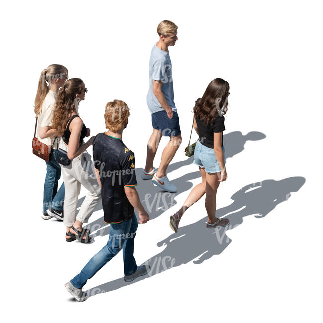 cut out top view of five friends walking