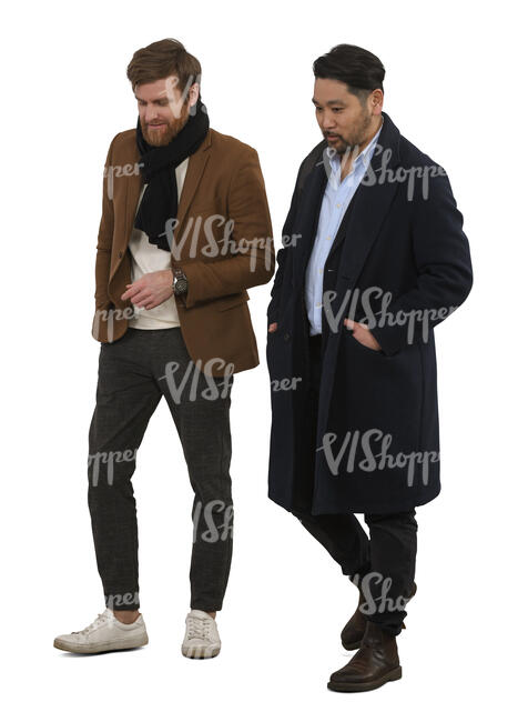 two cut out chic men wearing overcoats walking