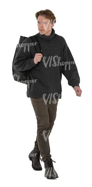 cut out young man with a backpack walking