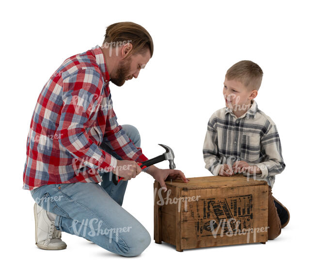 father and son building a crate together