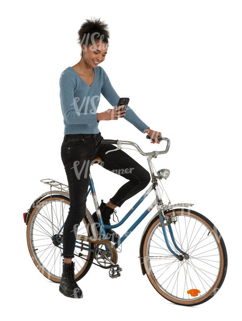 cut out black woman with a bike stopping and texting