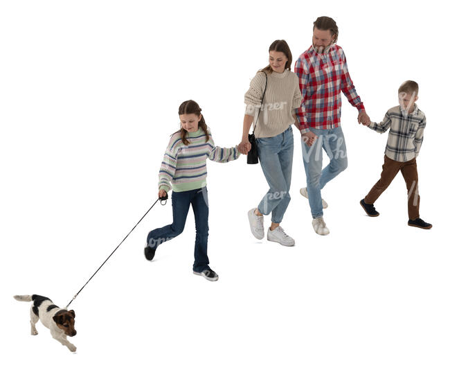 cut out family with two kids and a dog walking seen from above