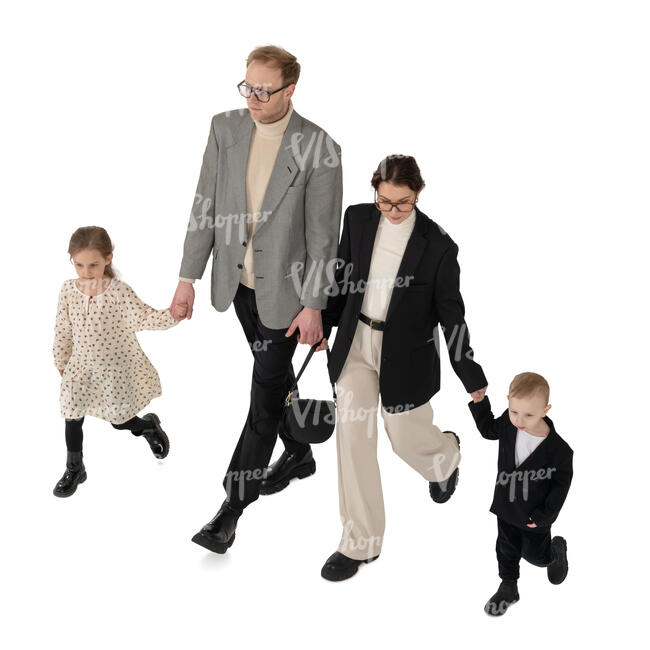 cut out family with kids walking hand in hand seen from above