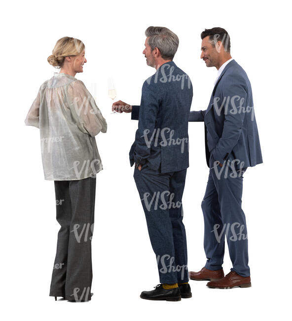three cut out people standing at the bar and having a conversation