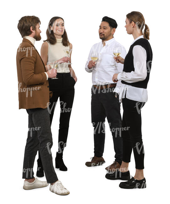 group of four people talking on a social gathering