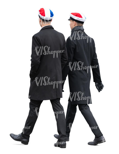 two cut out young men in school uniform walking