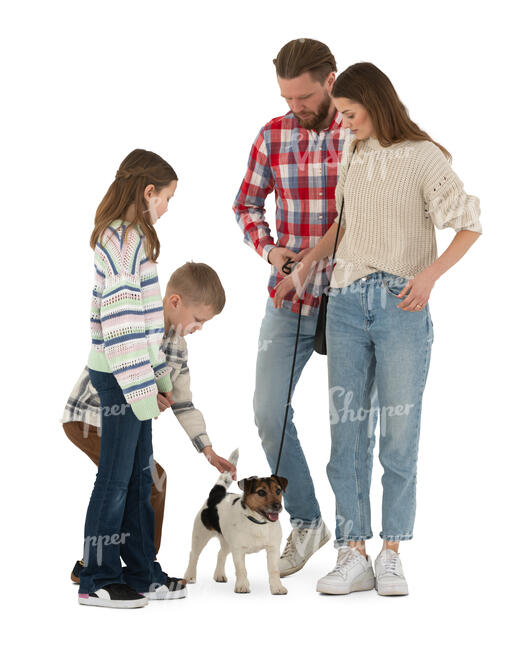 cut out family with kids petting a dog 