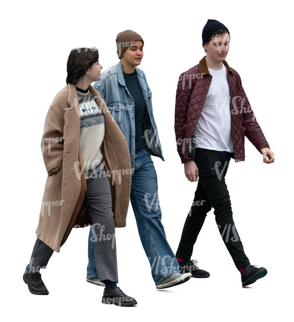 cut out group of three friends walking casually