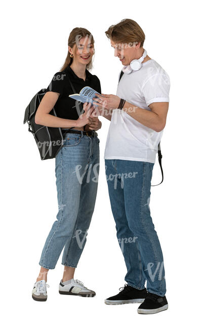 two university students standing and discussing a book