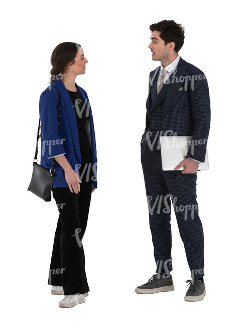 man and woman standing and discussing business matters