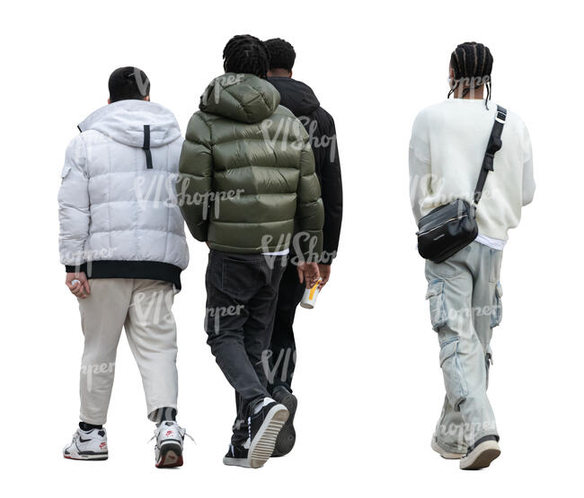 cut out group of young men in puffer jackets walking