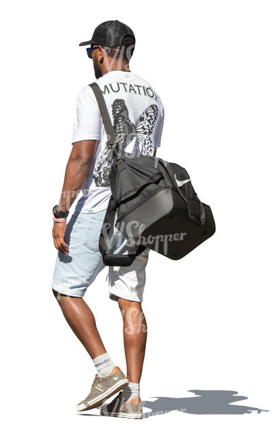 black man with a baseball cap walking