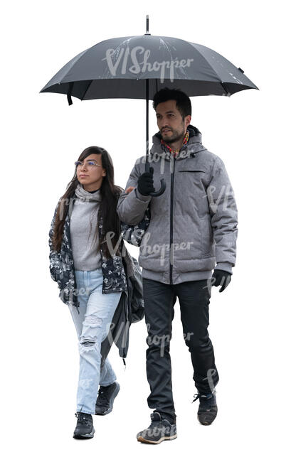 cut out couple sharing an umbrella on a rainy day