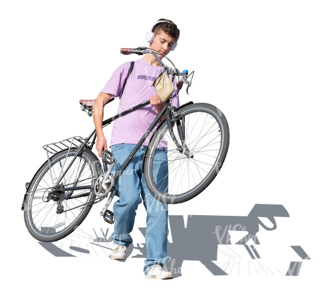 teenage boy walking down the stairs and carrying a bicycle