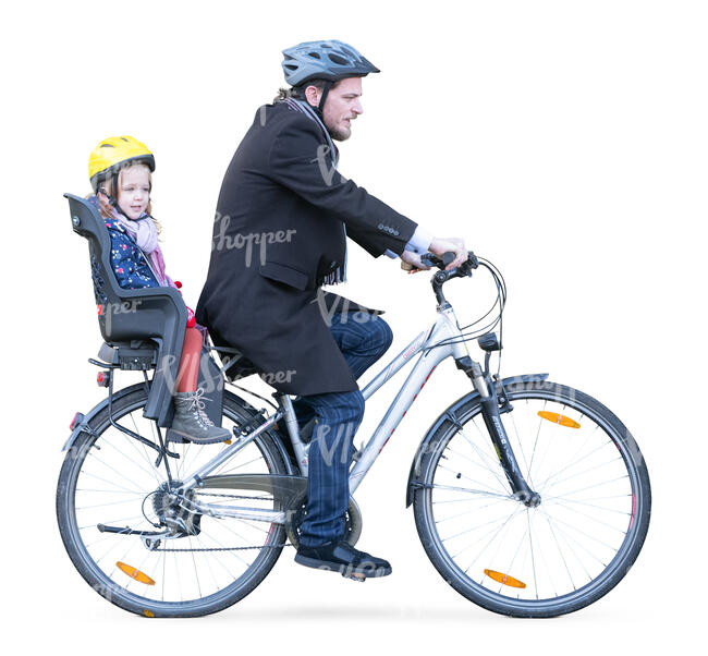 man with a child sitting on the back riding a bike