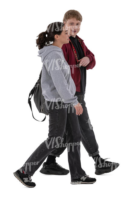 two cut out young people walking and talking