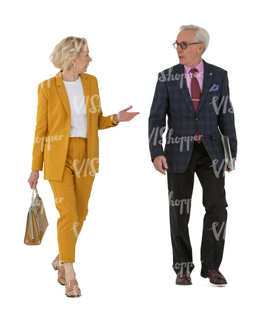 two cut out senior business people walking and talking