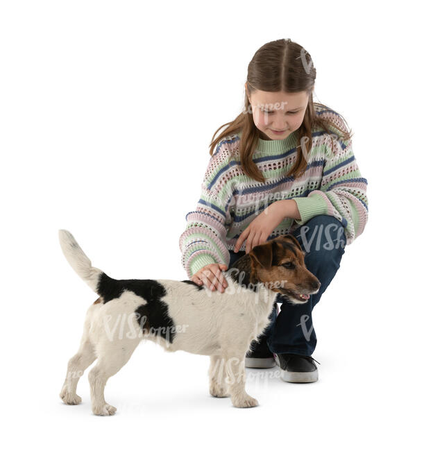 cut out girl squatting and petting a cute dog