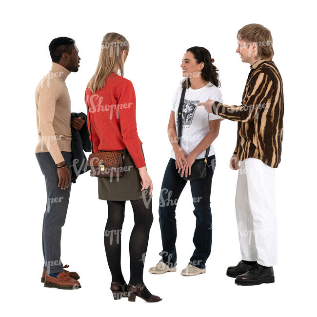 group of four friends standing and talking