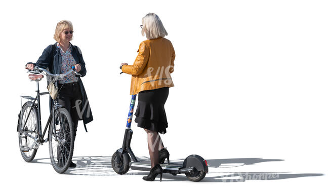 cut out woman with a bike  talking to a woman with a scooter
