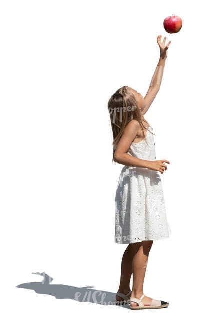 cut out little girl in a dress reaching for an apple