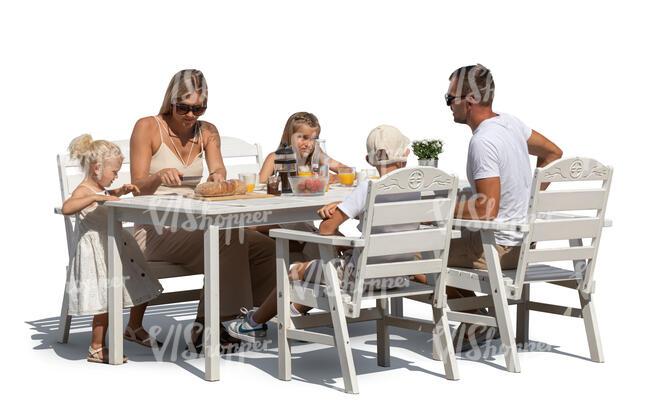 cut out family eating breakfast outside in summer