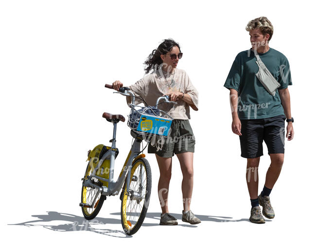 cut out man and woman with a bike walking