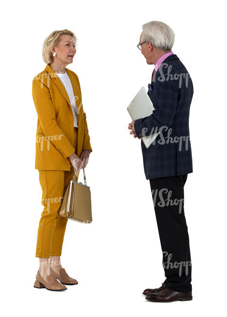 cut out older business people standing and talking
