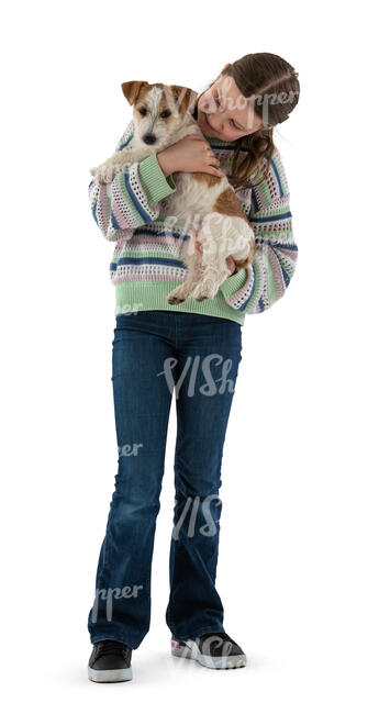 cut out little girl standing and holding a puppy