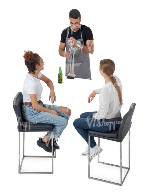two women sitting in the bar and talking to a barman