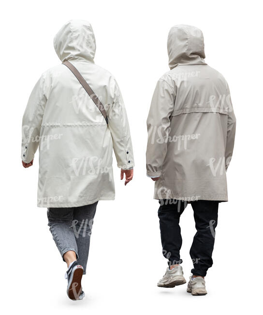 two people in light hooded rain coats walking