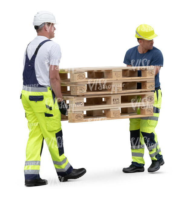 two workers carrying a load of pallets